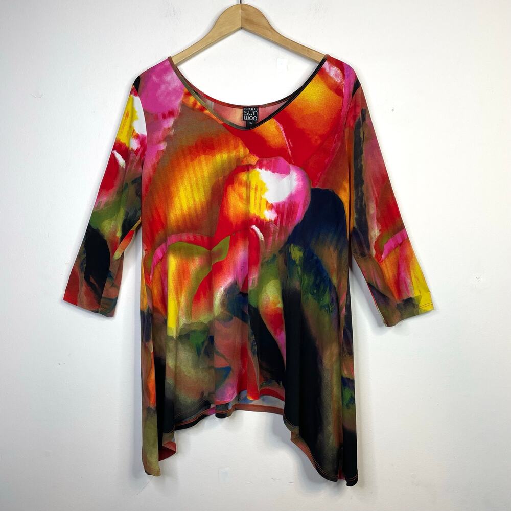 Clara Sunwoo Sun Woo Flowy Abstract Floral Asymmetrical Tunic Top Knit Womens XL